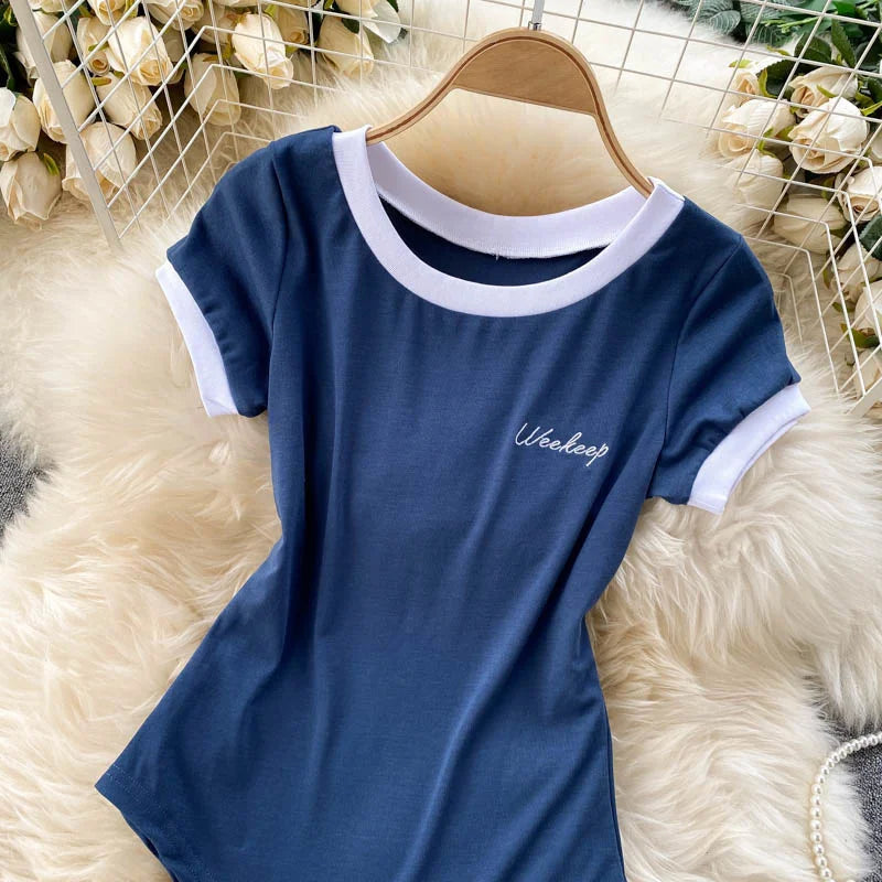 Foamlina Short Sleeve Knitted Skinny Bodysuit Women Summer Fashion Color Block Letters Embroidery O-neck Slim Body Top Jumpsuit