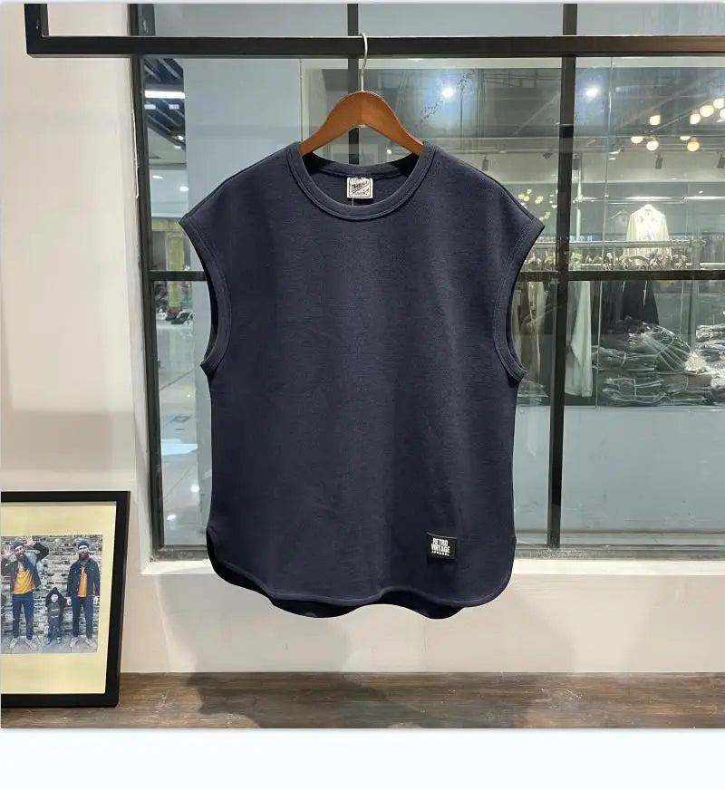 Trendy summer new waffle loose sports vest fitness sleeveless casual men's training solid color crew neck top