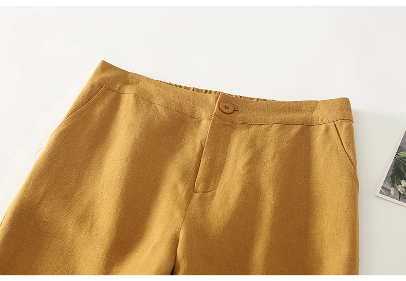 Cotton suit pants female summer new Korean fashion simple literary temperament elastic high waist leisure straight nine pants