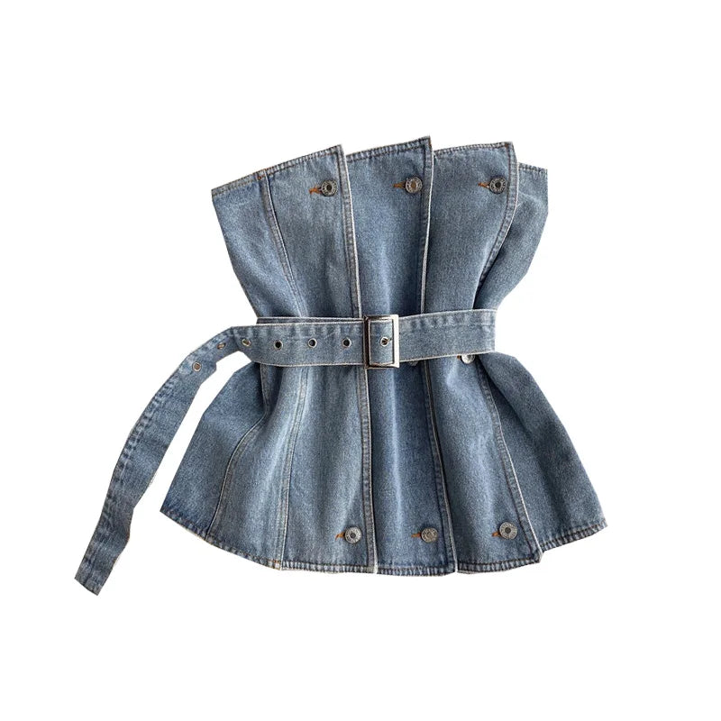 Fashion Strapless Denim Tops Summer Off Shoulder Women Short Vest With Belt Female Jean Tank Streetwear