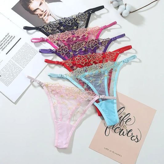 New Underwear Women Embroidery Flower Hollow Mesh Panties Soft Thin G-String Solid Thongs Sexy Female Underpants Lingerie
