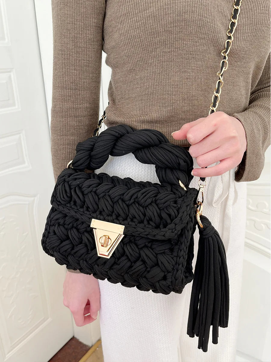 New Handmade Woven Women's Crossbody Bags Thread Hook Knitted Shoulder Bag Colorful Strip Chains Bags for Women Small Purses