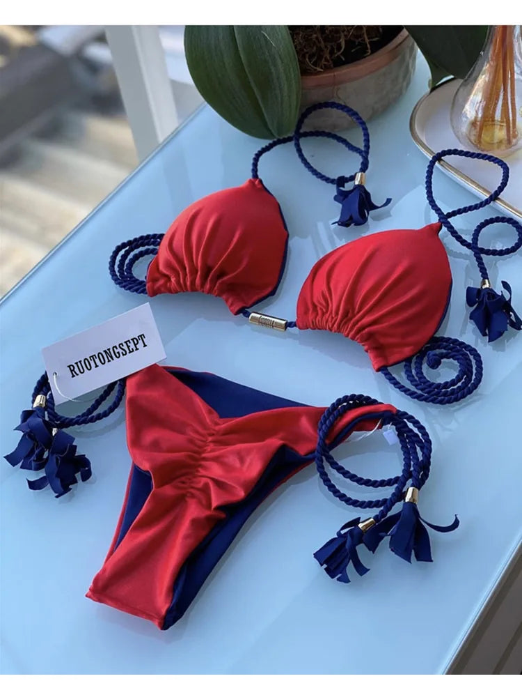 Women Bikini Rope Triangle Swimsuit Multicolor Sexy Low Waisted Bikini Set Swimsuit Swimwear Women BeachwearBrazilian biquini
