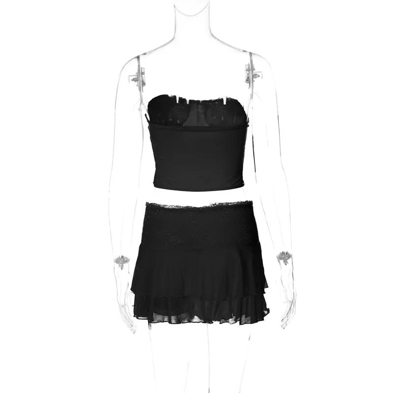 Two Piece Sets Y2k Lace See Through Sexy Camisole Bustiers Womens Sexy Double Layer Mini Skirts Chic Beachwear Crop Top Summer