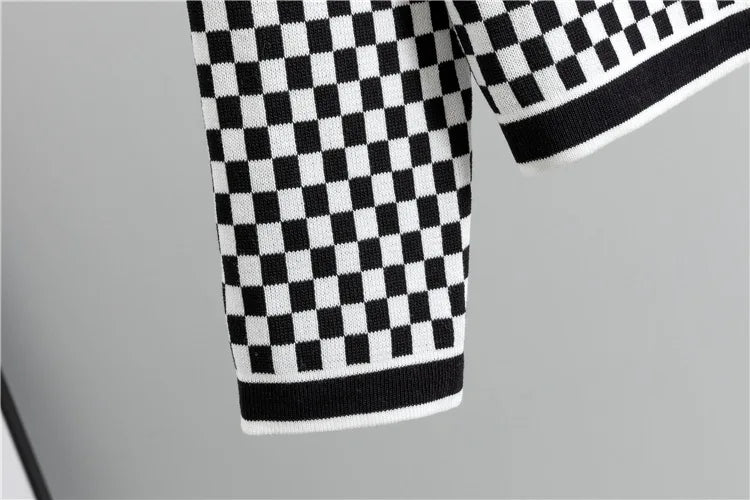 Plaid Design Knitted 2 Piece Sets Women Single Breasted Knit Sweater Cardigan Tops Conjuntos High Waist Wide Leg Pants Outfit