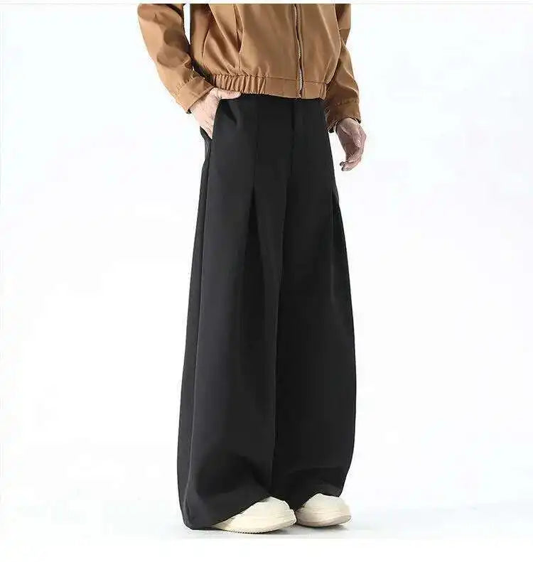 IEFB Pleated Design Men's Suit Pants Casual Solid Color American Style Bottom Drape Straight Wide Leg Male Trousers Simple 9W717
