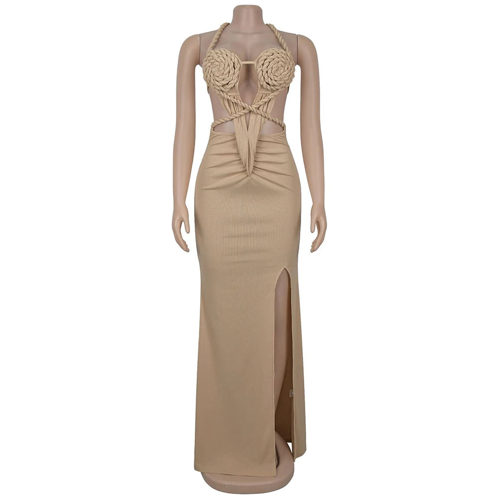 Bonnie Forest Gorgeous Cut-Out Ruched Bandage Long Dress For Women Chic Summer Halter Neck High Slit Party Dresses Beach Vestido