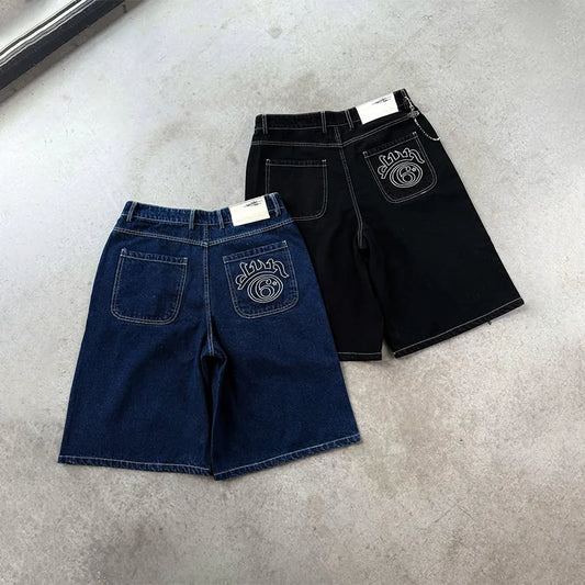 Y2K Fashion Retro Jeans High Quality White Embroidery Logo Casual Loose Denim Shorts Men Women Punk Rock High Waist Streetwear