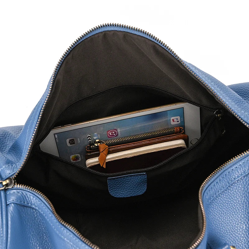 Sac de voyage en cuir véritable de grande capacité pour hommes et femmes, en cuir de vache noir souple, polochon de voyage décontracté, grand sac à bandoulière pour week-end