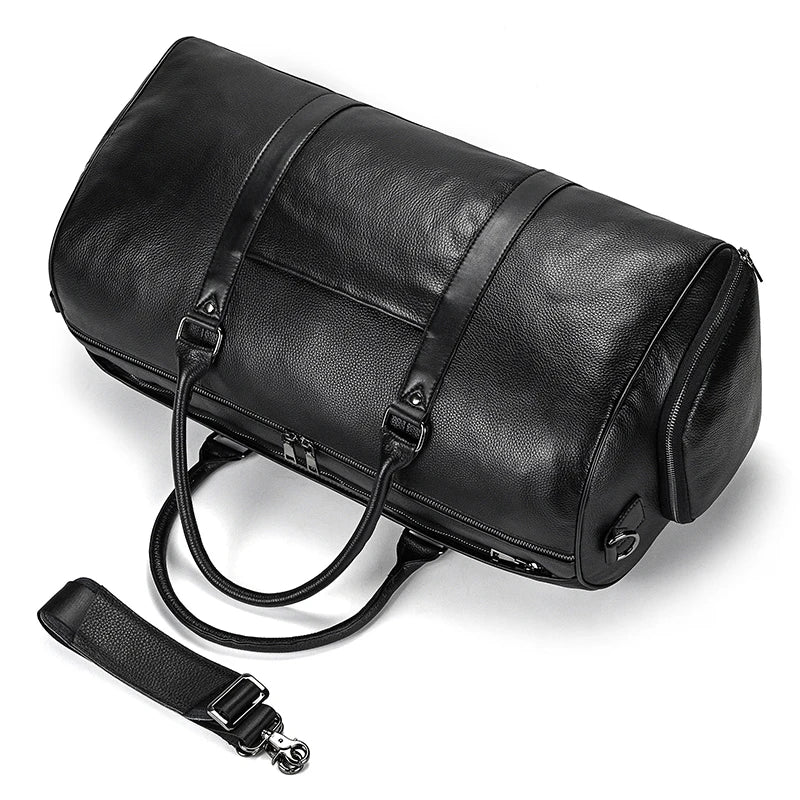 Sac de voyage en cuir véritable de grande capacité pour hommes et femmes, en cuir de vache noir souple, polochon de voyage décontracté, grand sac à bandoulière pour week-end