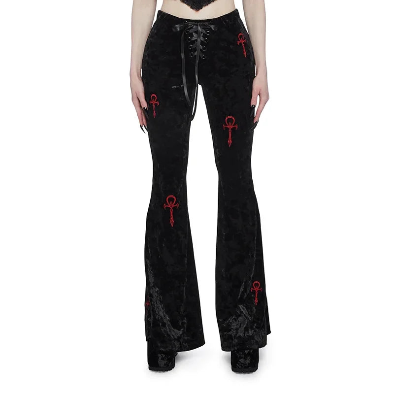 Harajuku Fashion Cross Embroidery Soft Long Pant Velvet High Waist Flare Pants Women Autumn Mall Gothic Slim Trousers