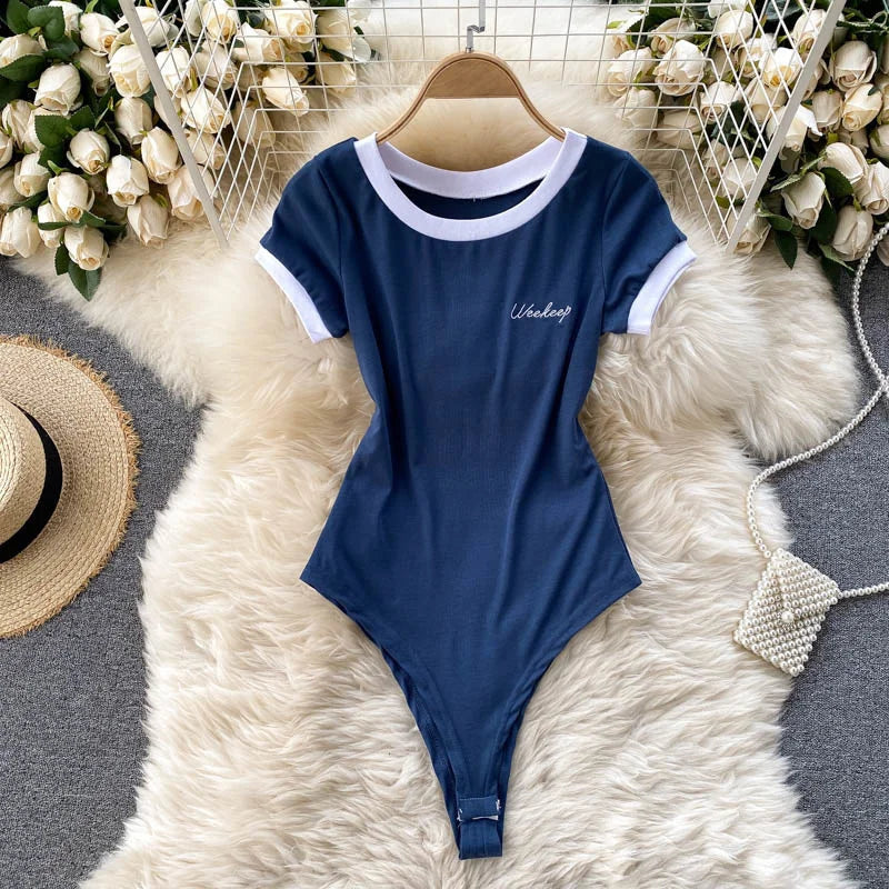 Foamlina Short Sleeve Knitted Skinny Bodysuit Women Summer Fashion Color Block Letters Embroidery O-neck Slim Body Top Jumpsuit