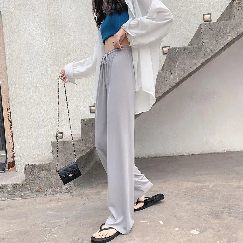 2025 Summer Thin Ice Silk Wide Leg Pants Women's Fashion Trendy Brand High Waist Comfortable Casual Loose Large Pants