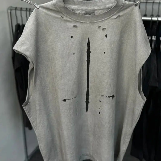 Vintage Washed Saint Sleeveless Tank T-shirts Oversize Men Woman Good Quality Black White Grey Hole Old Summer Streetwear