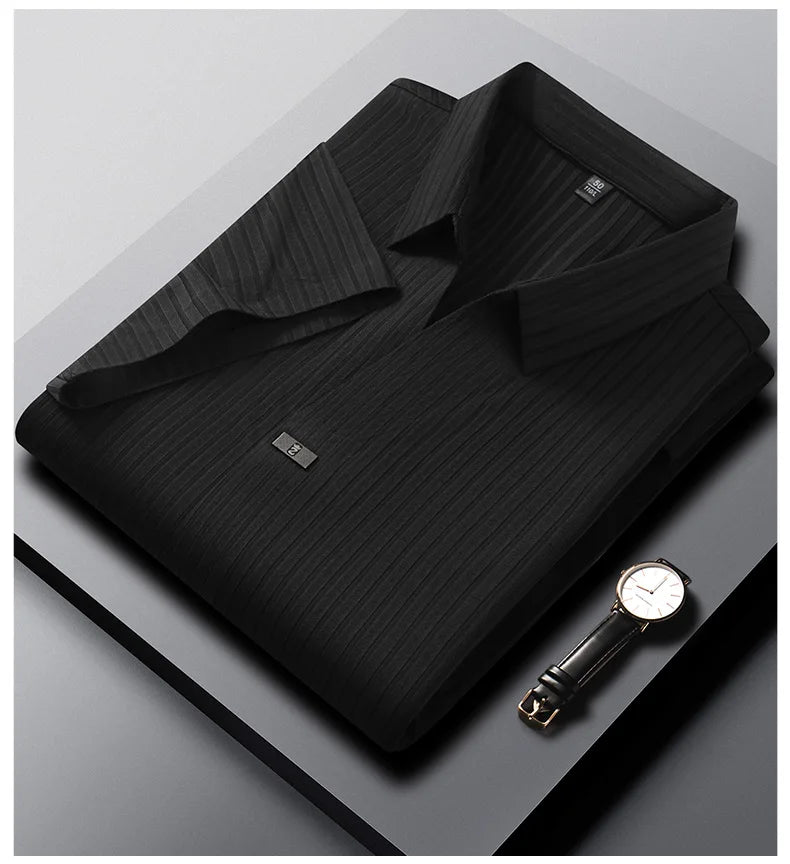 High quality personality texture stripe short sleeve polo shirt summer ice silk breathable buttonless men's solid color T-shirt