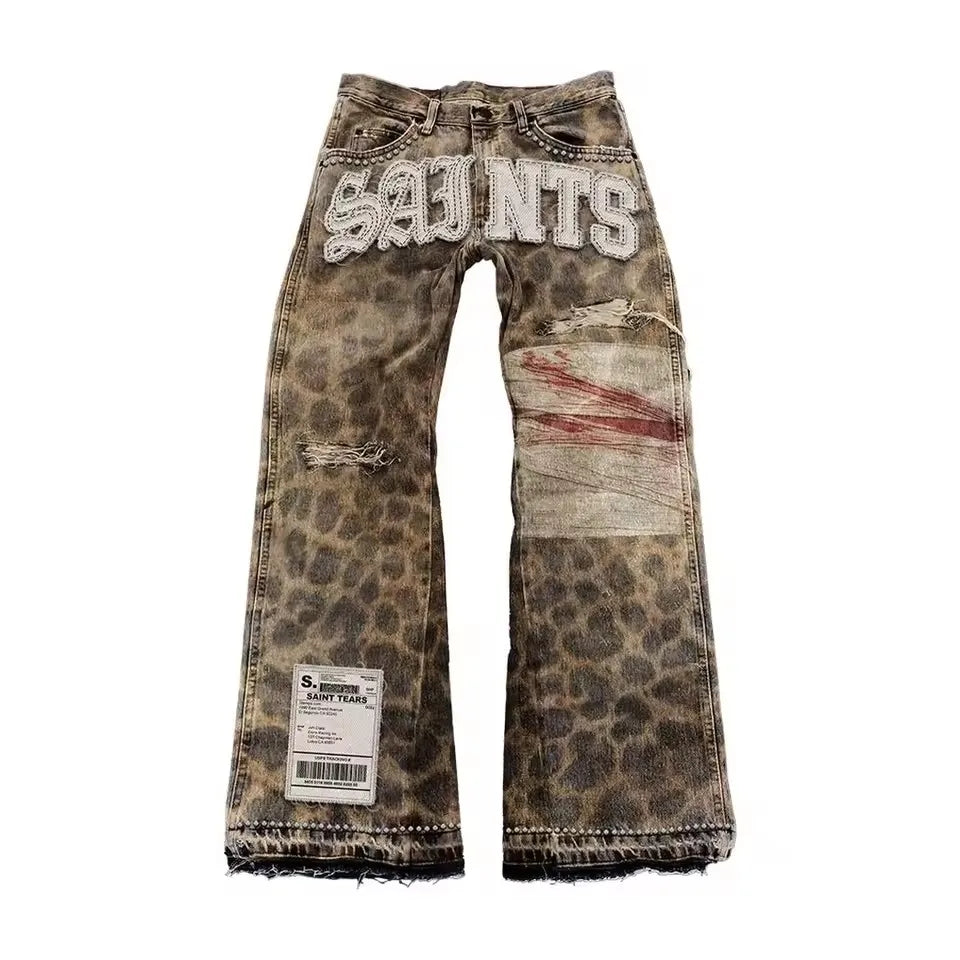 Gothic Retro Leopard Print Pattern Mens Clothes Y2k Two Piece Set Zipper Jacket Ripped Jeans Tracksuit Men Patchwork Streetwear