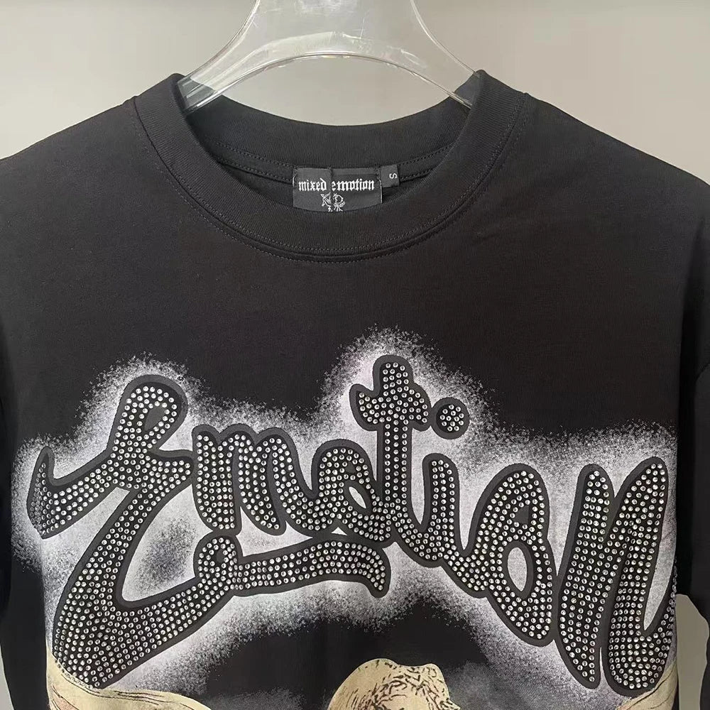 Summer Letter Rhinestone Short Sleeve Tshirts for Men White Streetwear Cotton Loose Crew Neck Top Tees Oversized Unisex Tshirt