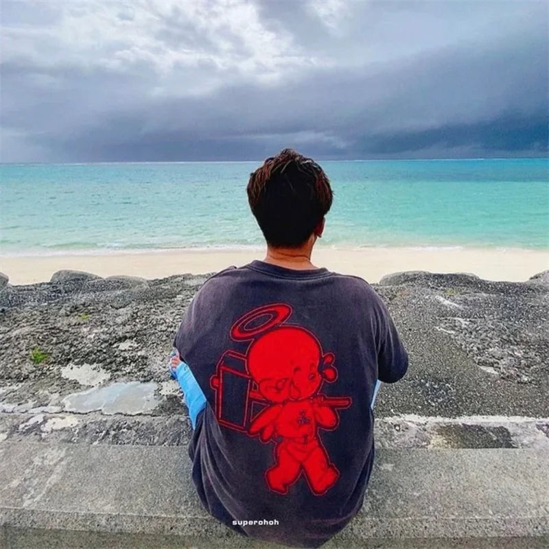 Vintage Series Saint Round Neck Sexy Robot Printed Casual High Quality Oversized T Shirt Harajuku Streetwear Men