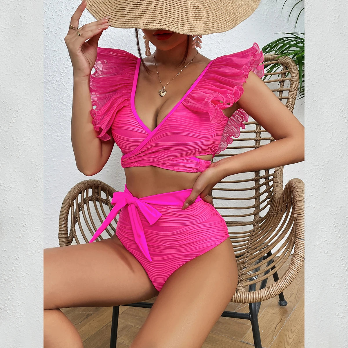 2025 New Sexy High Waist Ruffled Bikini Set Flounce Swimwear Women Swimsuit Solid Strappy Beachwear V-neck Bathing Suit Biquini