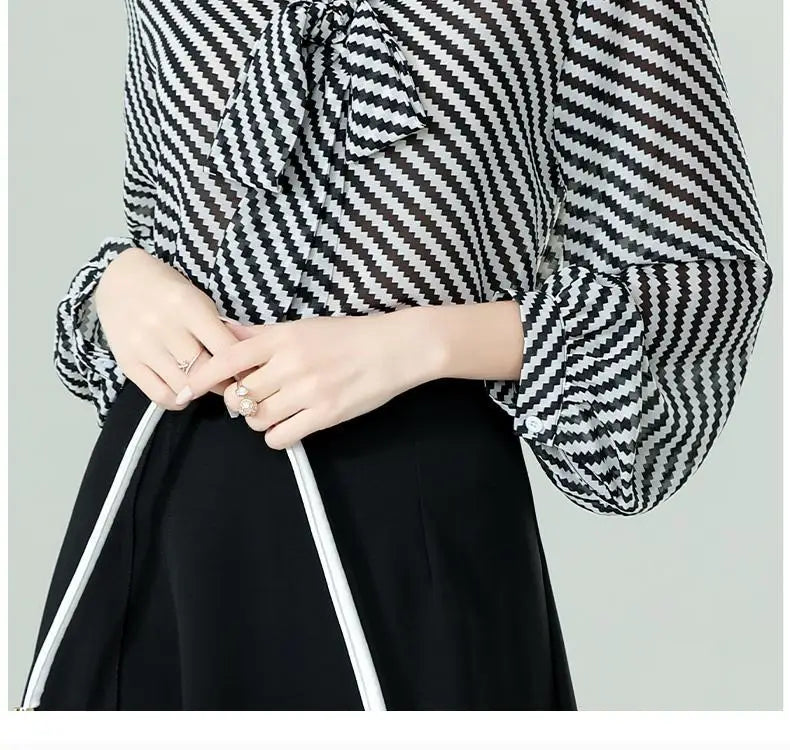 Spring Summer Women Chiffon Shirt Stripe Loose Long Sleeve Bow Office Fashion Urban Cardigan Elegant Women's Blouses 2022 5XL