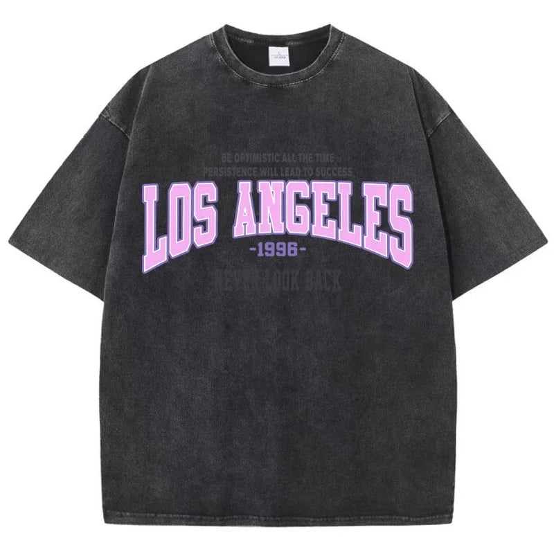 Cotton Washed T-Shirts Trend Distressed Loose Tees Los Angeles 1996 Printing Short Sleeve Summer  Clothes
