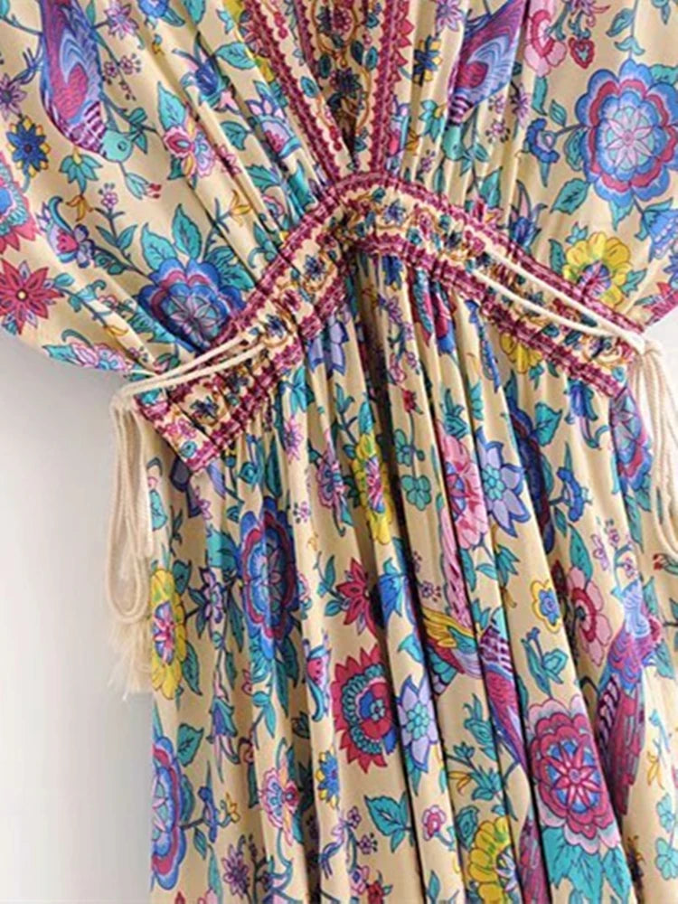 Robe Maxi Vintage Chic pour Femme, Imprimé Floral Paon, Manches Chauve-Souris, Bohème, Col en V, Pompon, Plage, Été