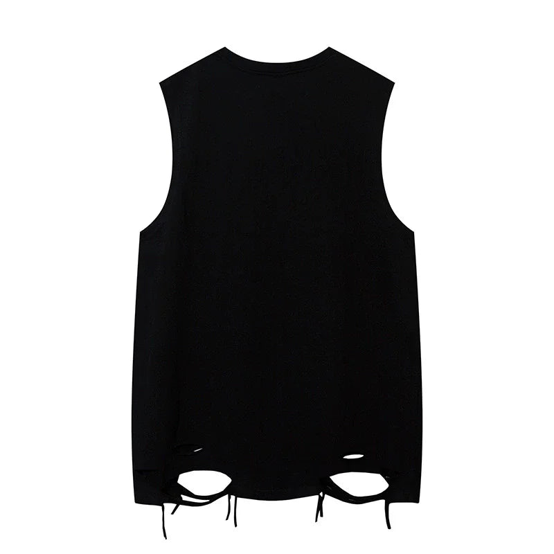 Hip Hop Tank Tops Men's Vintage Letter Graphic Sleeveless T-Shirt Streetwear Hole Harajuku Dancing Breathable Tops with Necklace