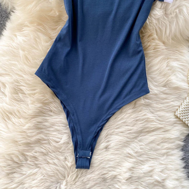Foamlina Short Sleeve Knitted Skinny Bodysuit Women Summer Fashion Color Block Letters Embroidery O-neck Slim Body Top Jumpsuit