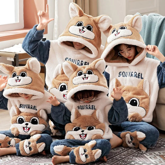 Winter Thicken Family Parent-Child Outfits Pijamas Sets Women Men Anime Sleepwear Adult  Pyjamas Korean Hoodie Suits