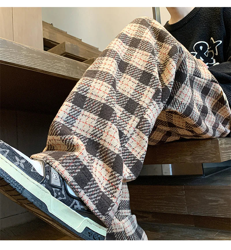 New Y2K Vintage Plaid Baggy Pants Men's High Street Woolen Straight-leg Trousers Autumn Korean Fashion Hip Hop pantalones hombre