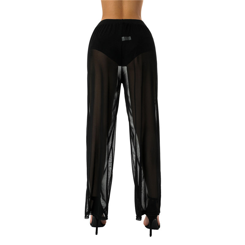 Women See Throug Mesh Cover up Pants Swimsuit Bikini Bottom Cover up Elastic Waist Loose Wide Leg Long Palazzo Pants Trousers