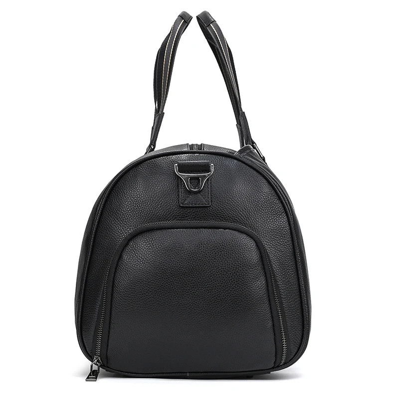 Sac de voyage en cuir véritable de grande capacité pour hommes et femmes, en cuir de vache noir souple, polochon de voyage décontracté, grand sac à bandoulière pour week-end