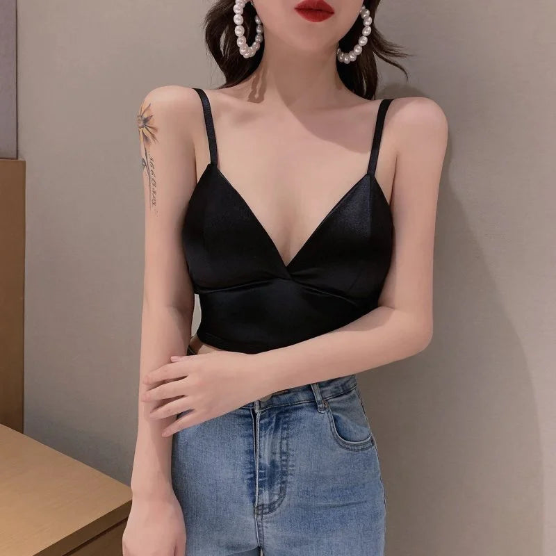 Haut court en satin sexy pour femme, bralette sans fil, bretelles spaghetti, t-shirt court avec poitrine, caraco rembourré