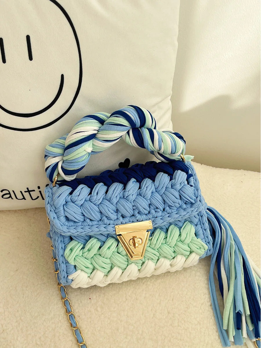 New Handmade Woven Women's Crossbody Bags Thread Hook Knitted Shoulder Bag Colorful Strip Chains Bags for Women Small Purses