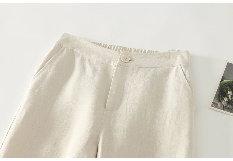 Cotton suit pants female summer new Korean fashion simple literary temperament elastic high waist leisure straight nine pants