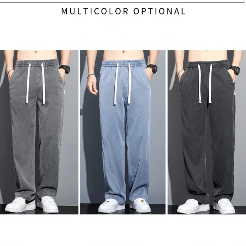 Summer Soft Lyocell Fabric Men's Jeans Thin Loose Straight Pants Drawstring Elastic Waist Korea Casual Trousers Plus Size