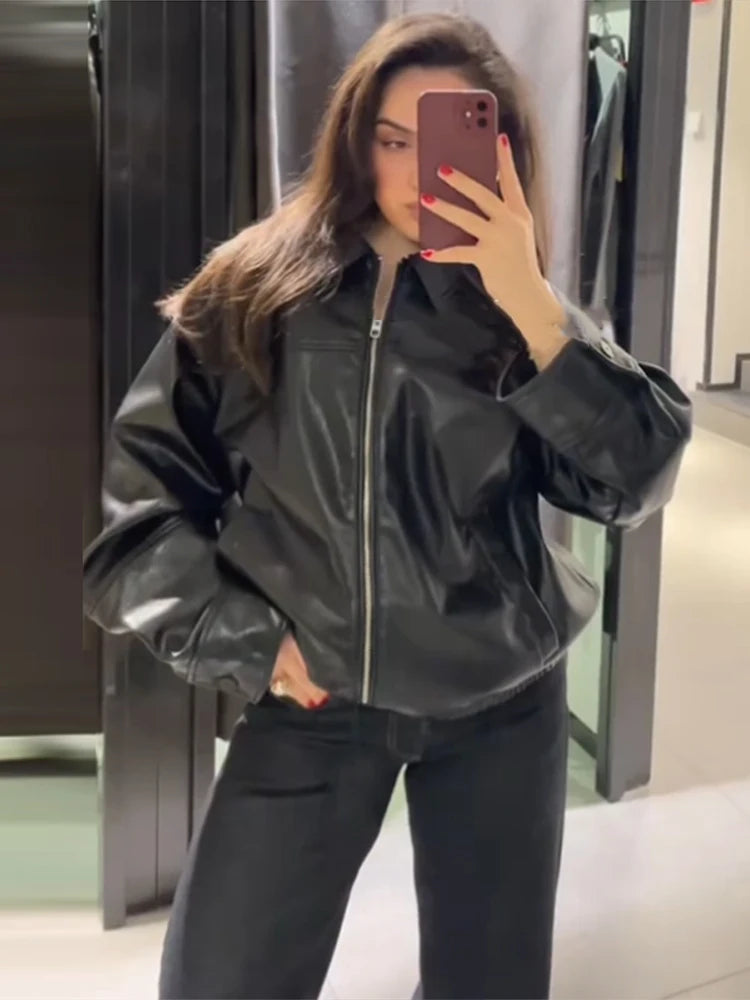 PU Leather Jacket For Women Zipper Turn-down Collar Loose Fashion Coat Luxury Brown 2025 Spring Street Motorcycle Overcoat Top