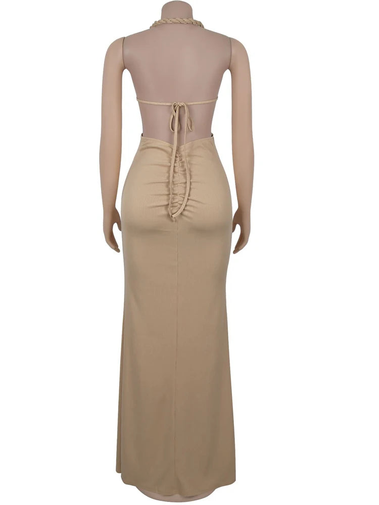 Bonnie Forest Gorgeous Cut-Out Ruched Bandage Long Dress For Women Chic Summer Halter Neck High Slit Party Dresses Beach Vestido
