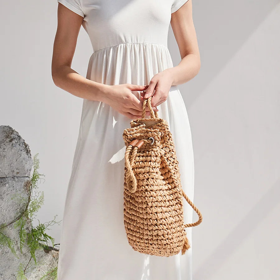 Summer Straw Backpack for Women Handmade Drawstring Beach Shoulder Bags Raffia Rattan Woven Travel Handbags bali lady backpacks