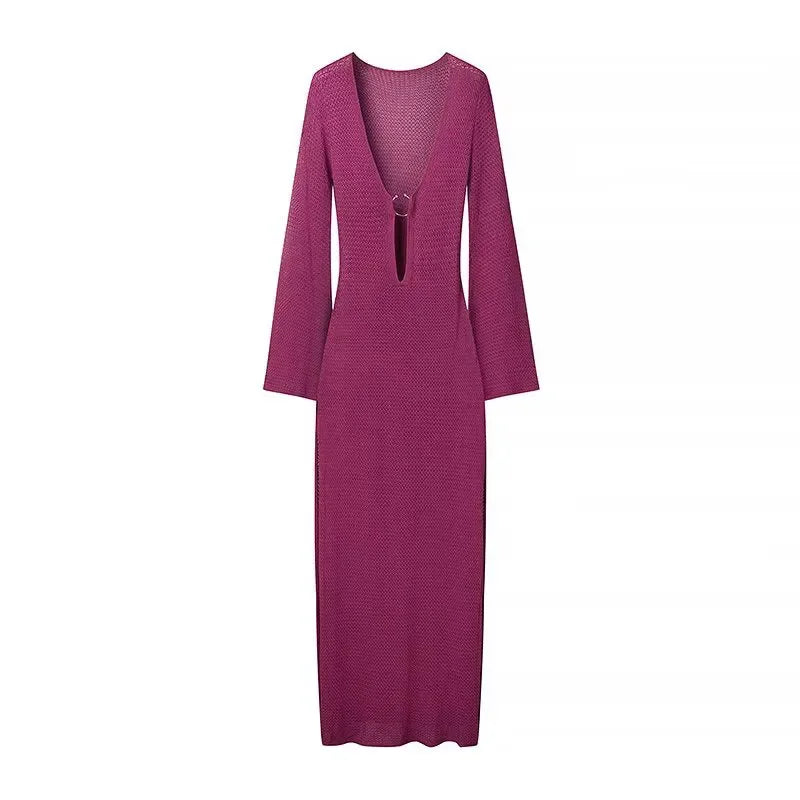 Sexy Hollow Out Metal Ring Buckle Splicing Knit Women Maxi Dress Chic Full Sleeve High Waist Long Dresses Lady Beach Party Robes