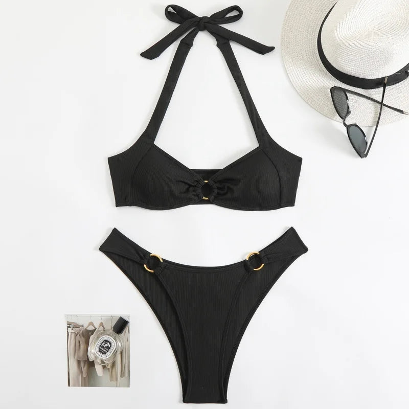Sexy Women's Swimsuit Bikini Set Solid Halter Split Micro Bikini Two-piece Swimwear 2025 New Summer Swimming Beach Bathing Suits