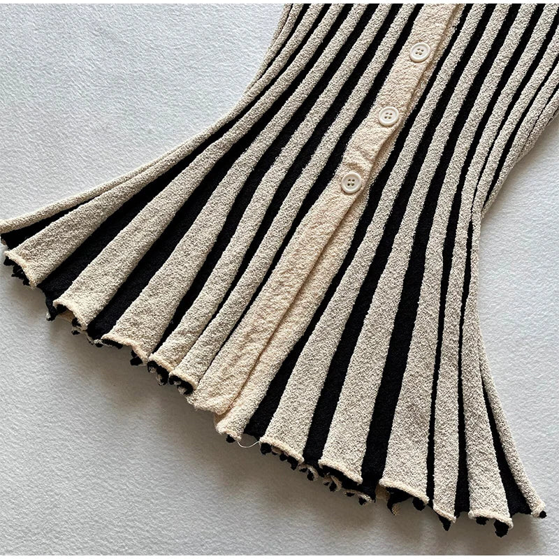 Chic Striped Knitted Button Set Women Elegant Round Neck Short Sleeved Slim Fit Two-piece Suit 2025 New Summer Holiday Outfits