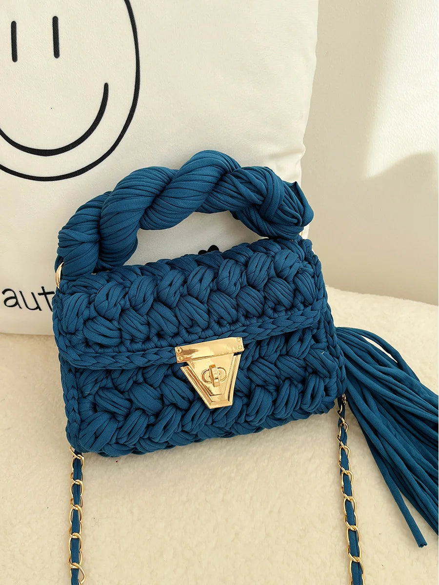 New Handmade Woven Women's Crossbody Bags Thread Hook Knitted Shoulder Bag Colorful Strip Chains Bags for Women Small Purses