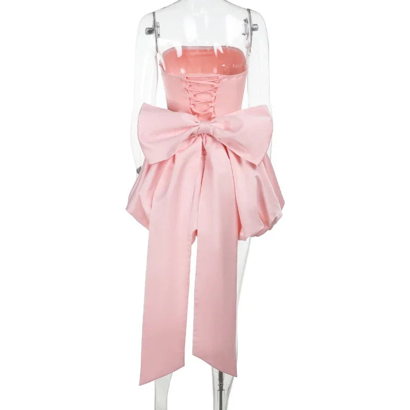Women Evening Hollow Out Backless Solid Mini Party Dress Summer Ladies Sexy Bow Slim High Waist Holiday Temperament Dress 2025