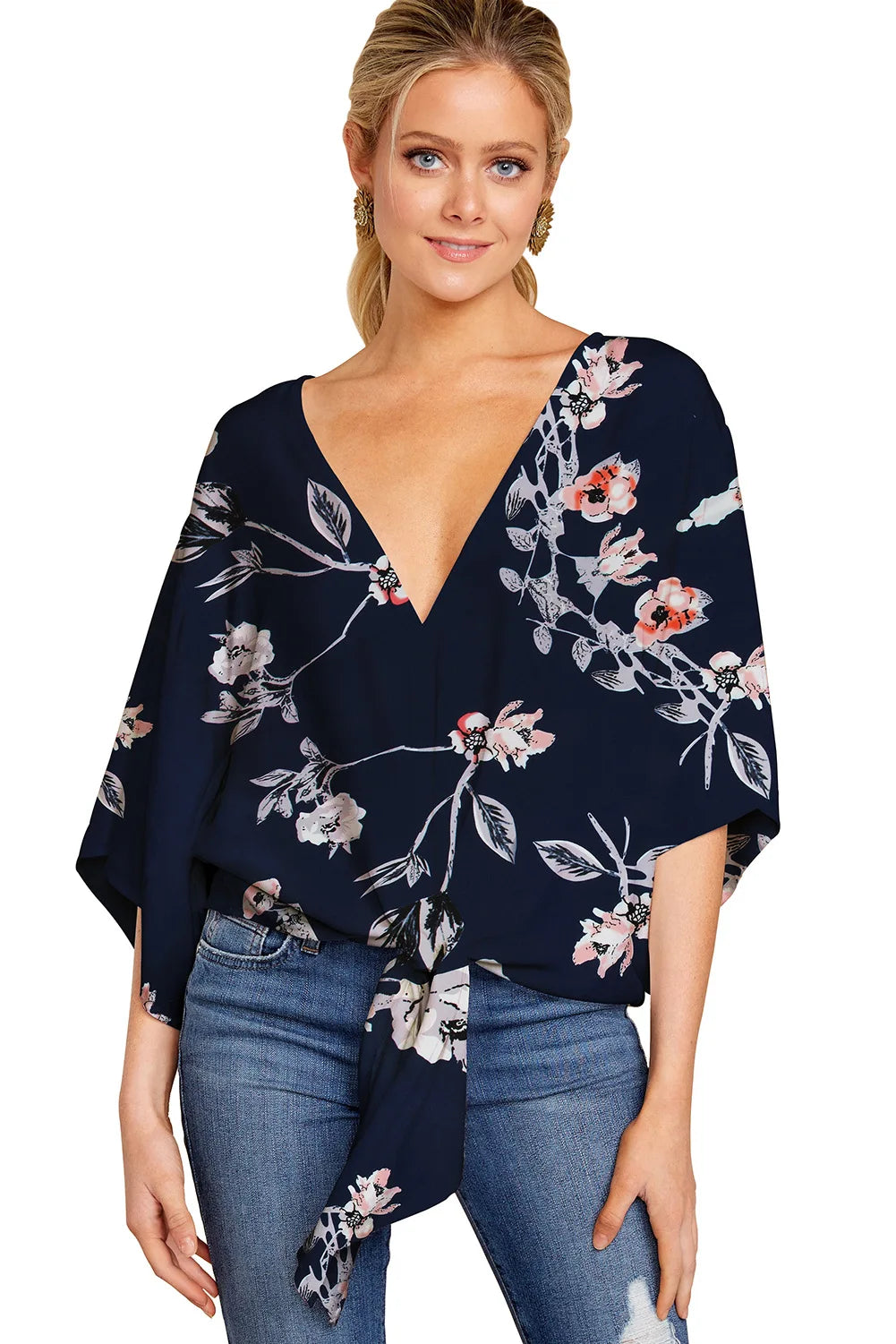 Spring Summer 2024 New Women's Shirt Sexy V-neck Short Sleeved Fashionable Printed Knot Printed  Sleeve Top