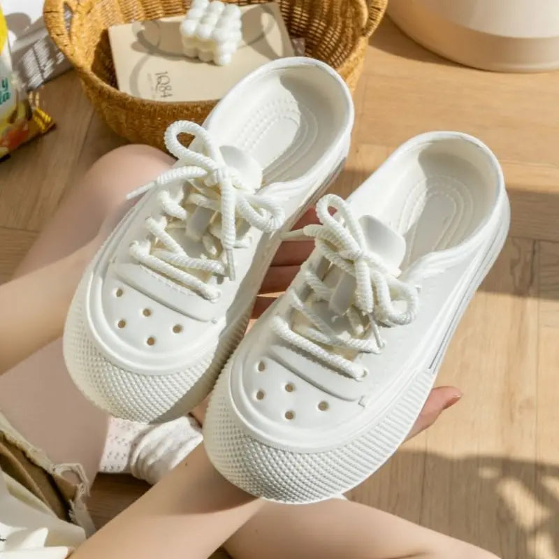Women Fashion Clogs Lace-up Platform Slippers Summer Shoes Soft EVA Anti-slip Female Beach Street Slides Thick Sole Sandals