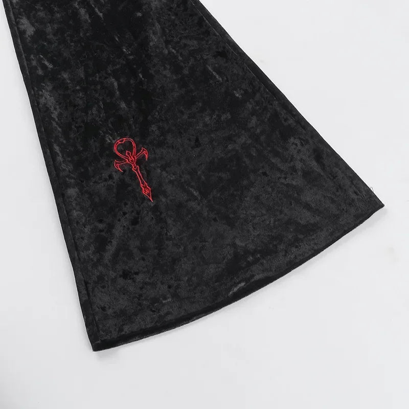 Harajuku Fashion Cross Embroidery Soft Long Pant Velvet High Waist Flare Pants Women Autumn Mall Gothic Slim Trousers