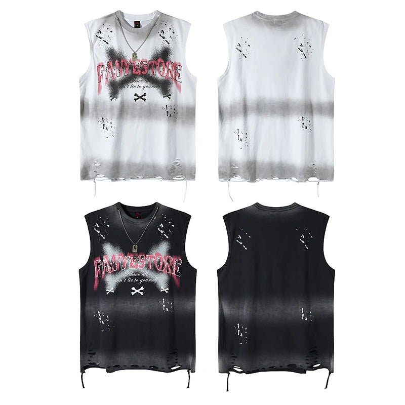 2025 Summer Washed Tank Tops V Cut Baggy Hip Hop Splash-ink Ripped Tshirts Sleeveless Tops Necklace Mens Oversize Vests Y2k
