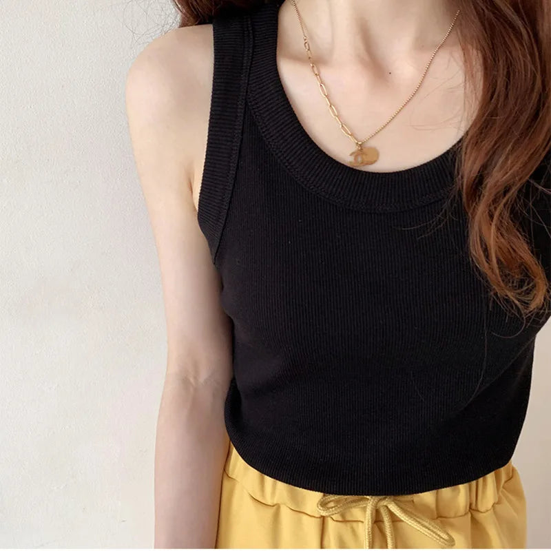 Summer Knitted Solid Color Tanks Top White Skinny Camisole Women Basic Camisole T-Shirt