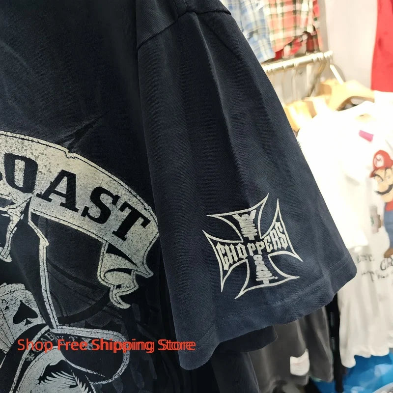 Vintage West Coast Choppers Printed T-Shirt Men's 100% Cotton Breathable Retro Biker Style Loose Fit Casual Streetwear